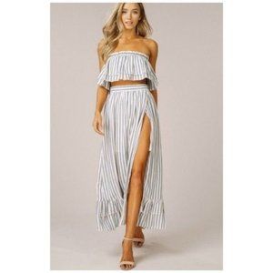 * Listicle Blue White Stripe Slit Ruffle